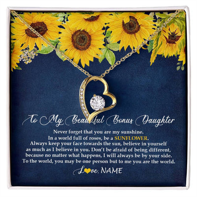 Forever Love Necklace 18K Yellow Gold Finish | Personalized To My Beautiful Bonus Daughter Necklace From Mom Be A Sunflower My Sunshine Stepdaughter Birthday Christmas Customized Gift Box Message Card | siriusteestore