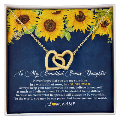 Interlocking Hearts Necklace 18K Yellow Gold Finish | Personalized To My Beautiful Bonus Daughter Necklace From Mom Be A Sunflower My Sunshine Stepdaughter Birthday Christmas Customized Gift Box Message Card | siriusteestore