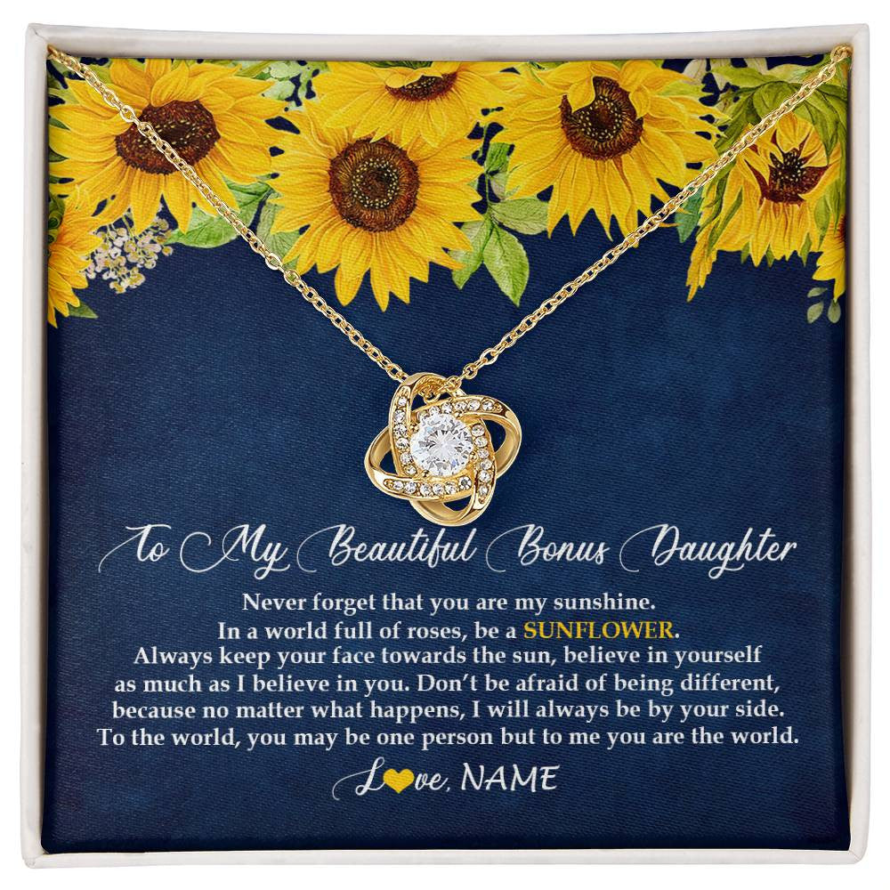 Love Knot Necklace 18K Yellow Gold Finish | Personalized To My Beautiful Bonus Daughter Necklace From Mom Be A Sunflower My Sunshine Stepdaughter Birthday Christmas Customized Gift Box Message Card | siriusteestore