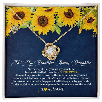 Love Knot Necklace 18K Yellow Gold Finish | Personalized To My Beautiful Bonus Daughter Necklace From Mom Be A Sunflower My Sunshine Stepdaughter Birthday Christmas Customized Gift Box Message Card | siriusteestore