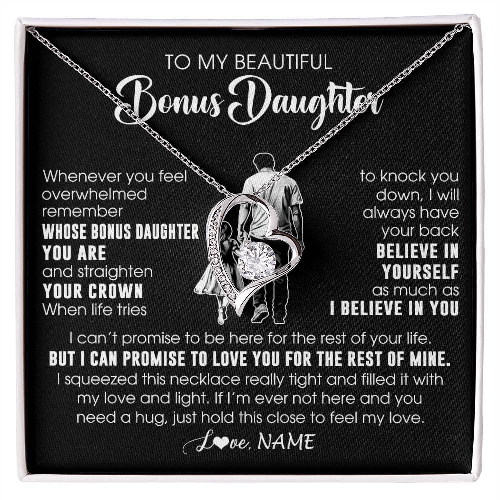 Forever Love Necklace 14K White Gold Finish | 1 | Personalized To My Beautiful Bonus Daughter Necklace From Step Dad Believe In Yourself Stepdaughter Birthday Gifts Jewelry Christmas Customized Message Card | siriusteestore