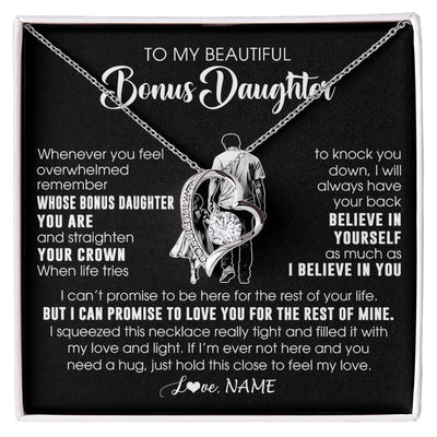 Forever Love Necklace 14K White Gold Finish | 1 | Personalized To My Beautiful Bonus Daughter Necklace From Step Dad Believe In Yourself Stepdaughter Birthday Gifts Jewelry Christmas Customized Message Card | siriusteestore