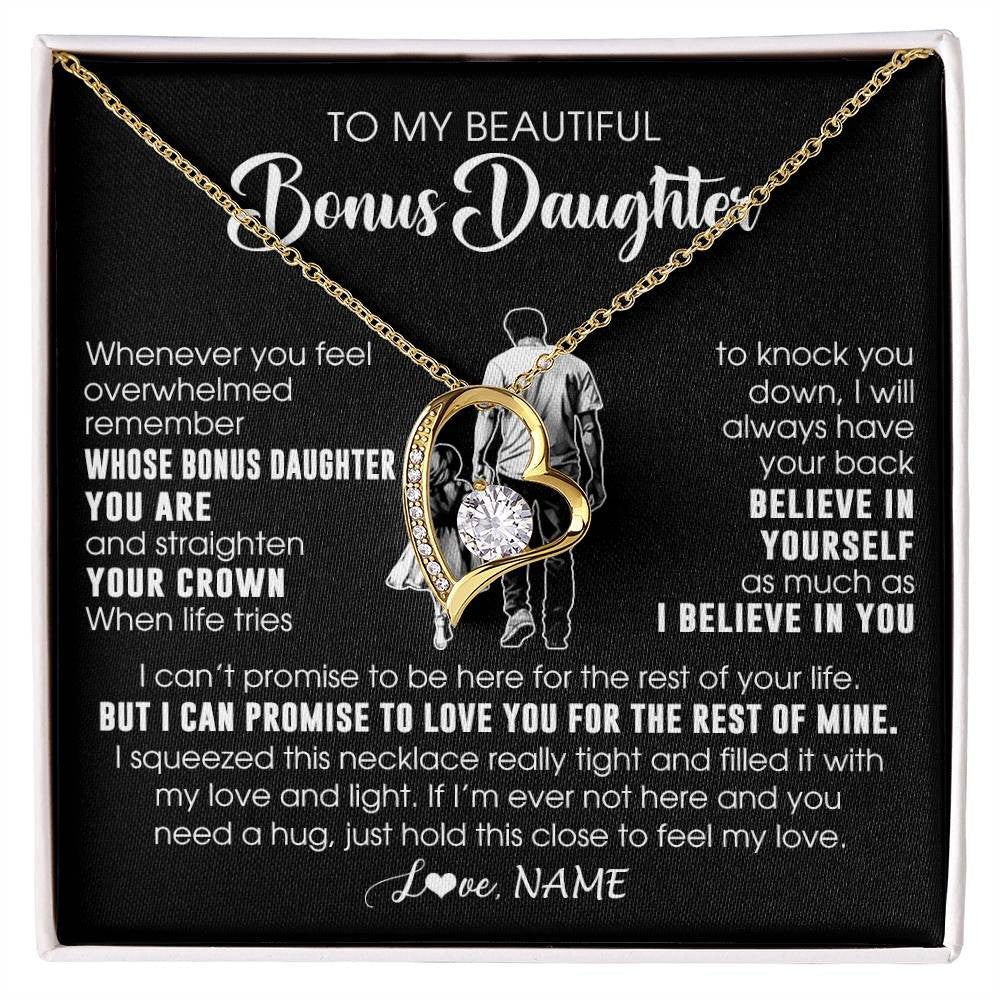 Forever Love Necklace 18K Yellow Gold Finish | 1 | Personalized To My Beautiful Bonus Daughter Necklace From Step Dad Believe In Yourself Stepdaughter Birthday Gifts Jewelry Christmas Customized Message Card | siriusteestore