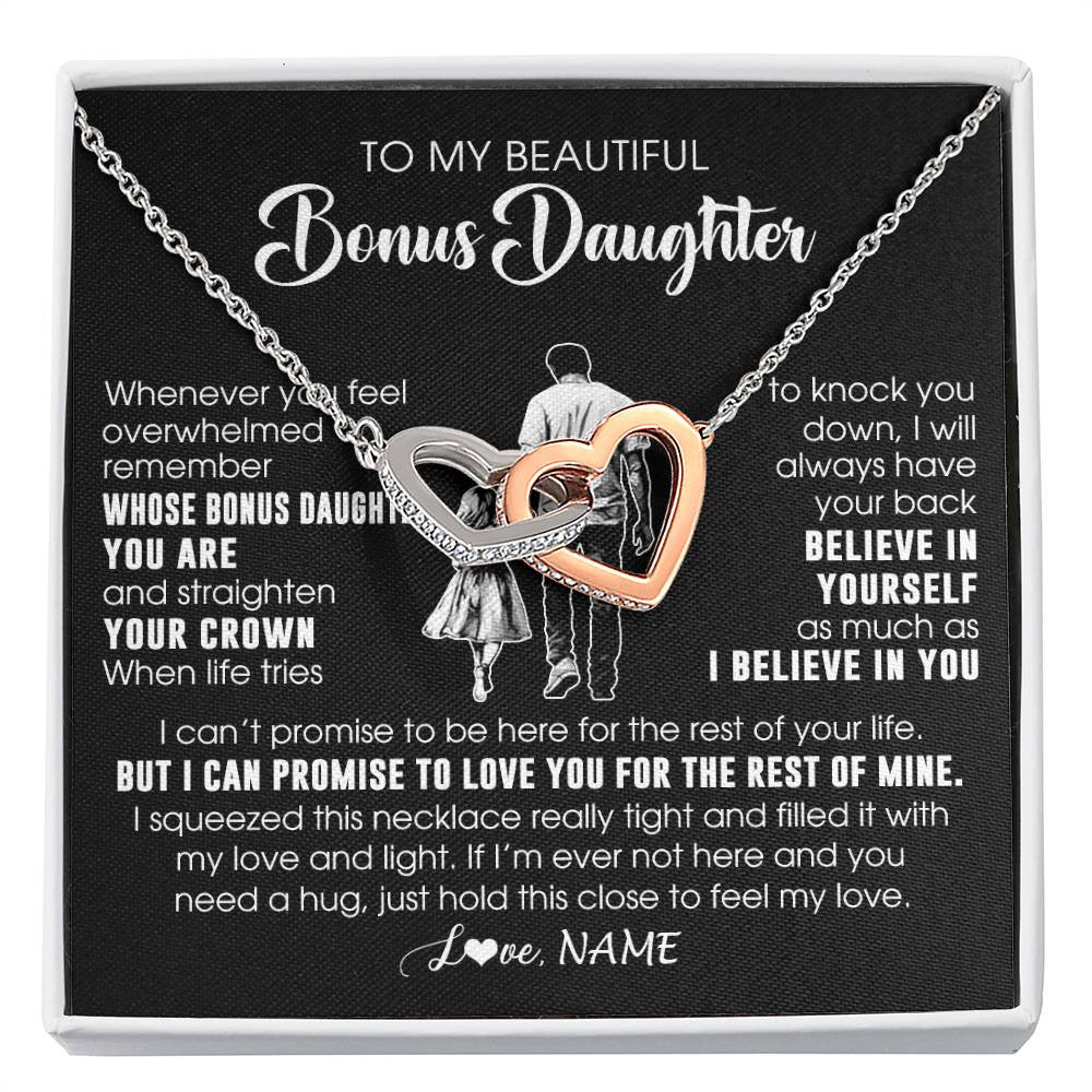 Interlocking Hearts Necklace Stainless Steel & Rose Gold Finish | 1 | Personalized To My Beautiful Bonus Daughter Necklace From Step Dad Believe In Yourself Stepdaughter Birthday Gifts Jewelry Christmas Customized Message Card | siriusteestore