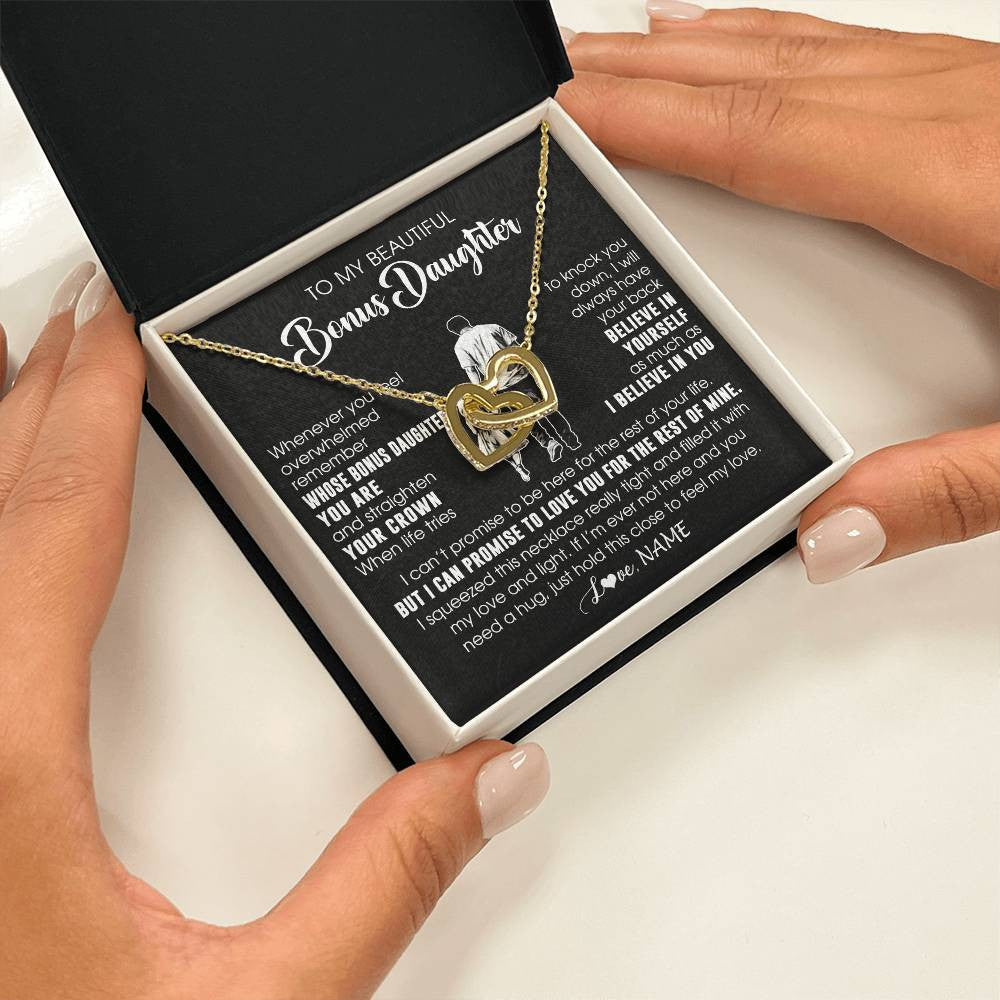 Interlocking Hearts Necklace 18K Yellow Gold Finish | 2 | Personalized To My Beautiful Bonus Daughter Necklace From Step Dad Believe In Yourself Stepdaughter Birthday Gifts Jewelry Christmas Customized Message Card | siriusteestore