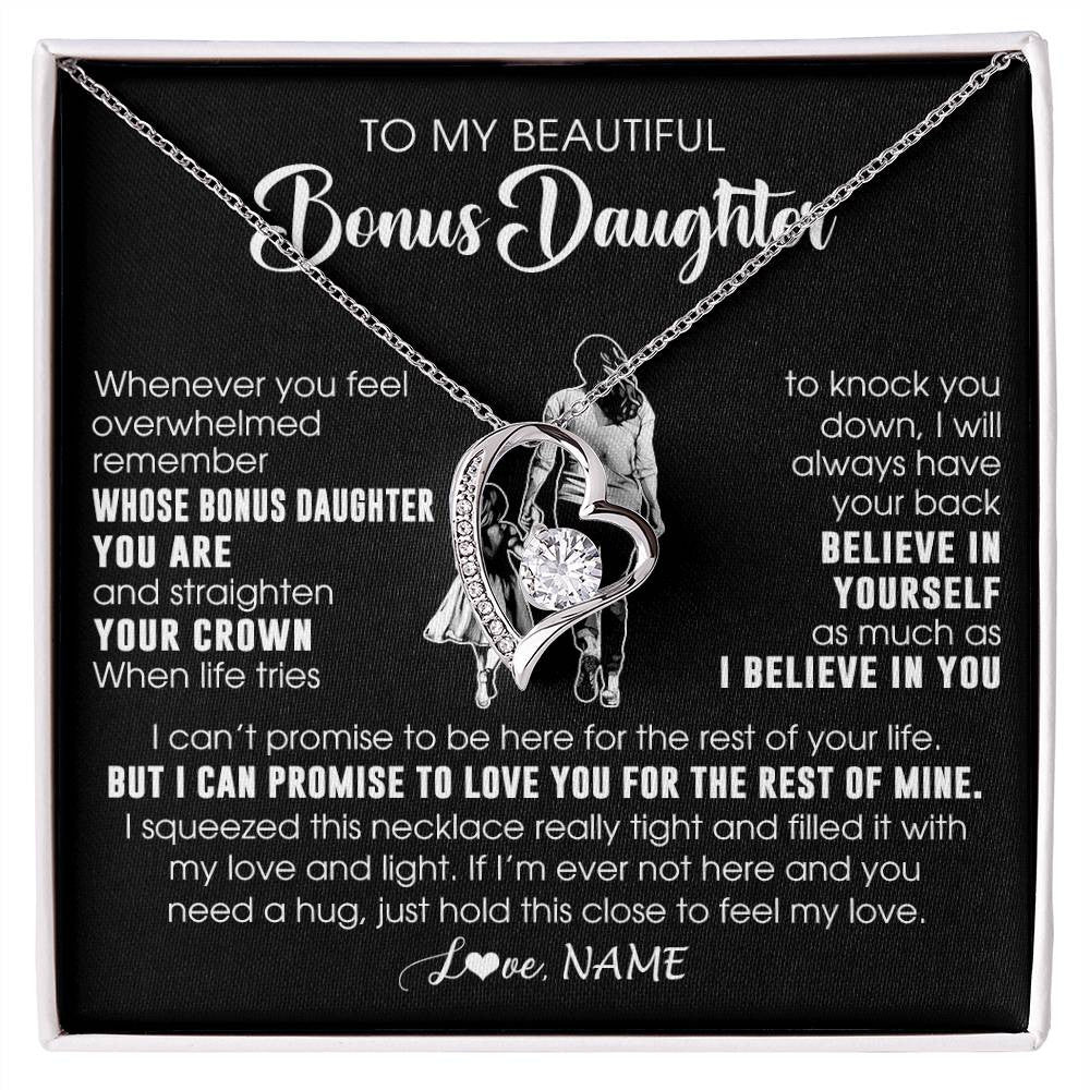 Forever Love Necklace 14K White Gold Finish | 1 | Personalized To My Beautiful Bonus Daughter Necklace From Step Mom Believe In Yourself Stepdaughter Birthday Gifts Jewelry Christmas Customized Message Card | siriusteestore