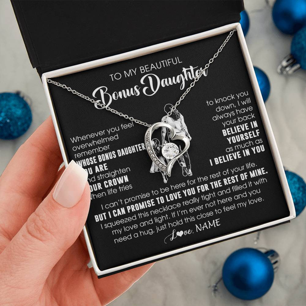 Forever Love Necklace 14K White Gold Finish | 2 | Personalized To My Beautiful Bonus Daughter Necklace From Step Mom Believe In Yourself Stepdaughter Birthday Gifts Jewelry Christmas Customized Message Card | siriusteestore
