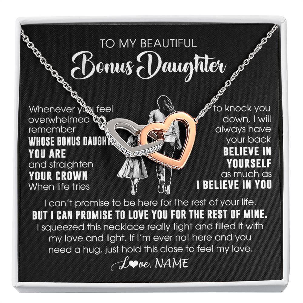 Interlocking Hearts Necklace Stainless Steel & Rose Gold Finish | 1 | Personalized To My Beautiful Bonus Daughter Necklace From Step Mom Believe In Yourself Stepdaughter Birthday Gifts Jewelry Christmas Customized Message Card | siriusteestore