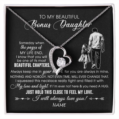 Forever Love Necklace 14K White Gold Finish | 1 | Personalized To My Beautiful Bonus Daughter Necklace From Stepdad Always Love You Stepdaugher Birthday Graduation Christmas Customized Gift Box Message Card | siriusteestore