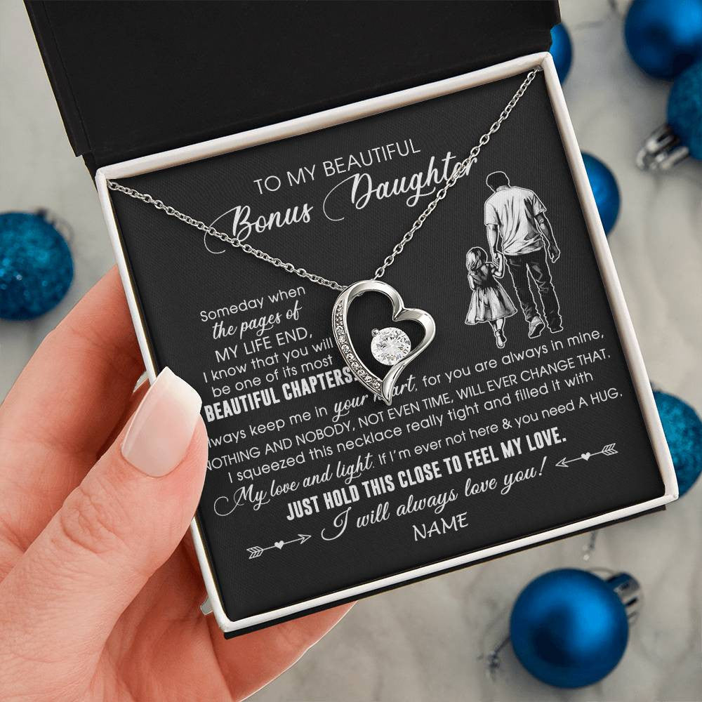Forever Love Necklace 14K White Gold Finish | 2 | Personalized To My Beautiful Bonus Daughter Necklace From Stepdad Always Love You Stepdaugher Birthday Graduation Christmas Customized Gift Box Message Card | siriusteestore