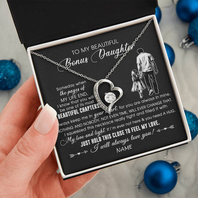 Forever Love Necklace 14K White Gold Finish | 2 | Personalized To My Beautiful Bonus Daughter Necklace From Stepdad Always Love You Stepdaugher Birthday Graduation Christmas Customized Gift Box Message Card | siriusteestore