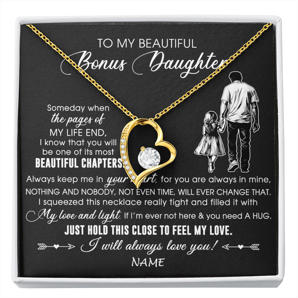 Forever Love Necklace 18K Yellow Gold Finish | 1 | Personalized To My Beautiful Bonus Daughter Necklace From Stepdad Always Love You Stepdaugher Birthday Graduation Christmas Customized Gift Box Message Card | siriusteestore