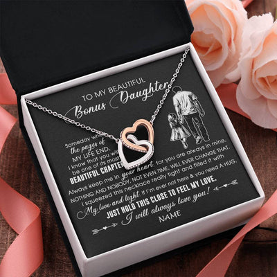 Interlocking Hearts Necklace Stainless Steel & Rose Gold Finish | 2 | Personalized To My Beautiful Bonus Daughter Necklace From Stepdad Always Love You Stepdaugher Birthday Graduation Christmas Customized Gift Box Message Card | siriusteestore