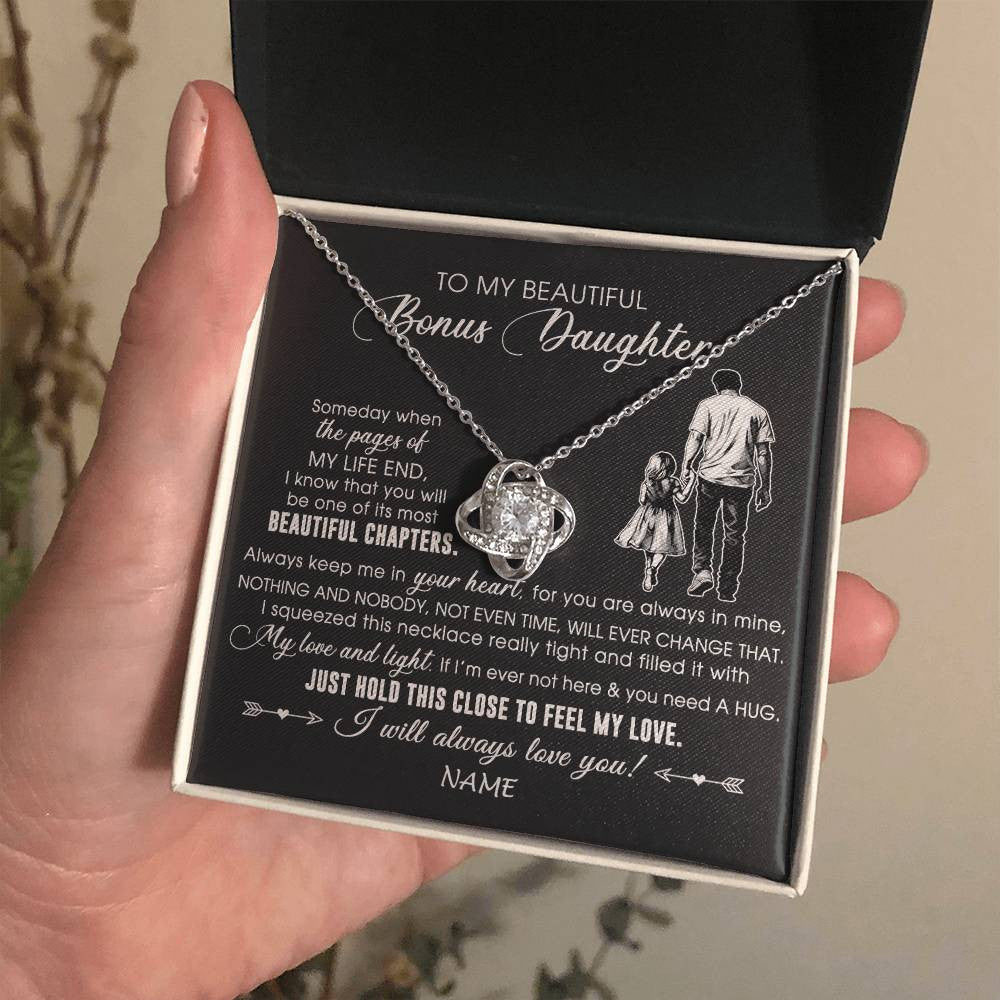 Love Knot Necklace 14K White Gold Finish | 2 | Personalized To My Beautiful Bonus Daughter Necklace From Stepdad Always Love You Stepdaugher Birthday Graduation Christmas Customized Gift Box Message Card | siriusteestore