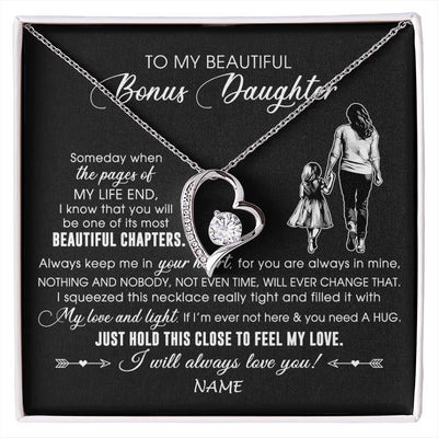 Forever Love Necklace 14K White Gold Finish | 1 | Personalized To My Beautiful Bonus Daughter Necklace From Stepmom Always Love You Stepdaugher Birthday Graduation Christmas Customized Gift Box Message Card | siriusteestore