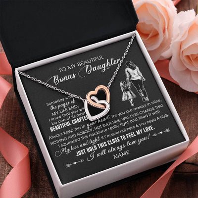 Interlocking Hearts Necklace Stainless Steel & Rose Gold Finish | 2 | Personalized To My Beautiful Bonus Daughter Necklace From Stepmom Always Love You Stepdaugher Birthday Graduation Christmas Customized Gift Box Message Card | siriusteestore