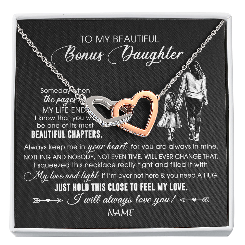 Interlocking Hearts Necklace Stainless Steel & Rose Gold Finish | 1 | Personalized To My Beautiful Bonus Daughter Necklace From Stepmom Always Love You Stepdaugher Birthday Graduation Christmas Customized Gift Box Message Card | siriusteestore