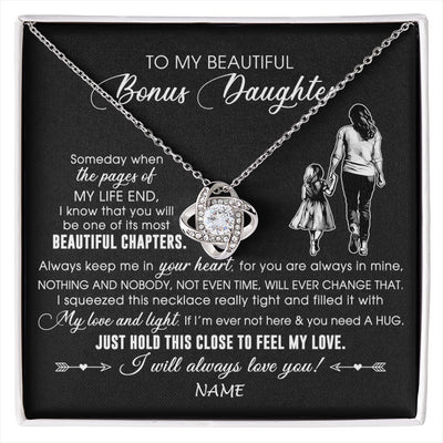 Love Knot Necklace 14K White Gold Finish | 1 | Personalized To My Beautiful Bonus Daughter Necklace From Stepmom Always Love You Stepdaugher Birthday Graduation Christmas Customized Gift Box Message Card | siriusteestore