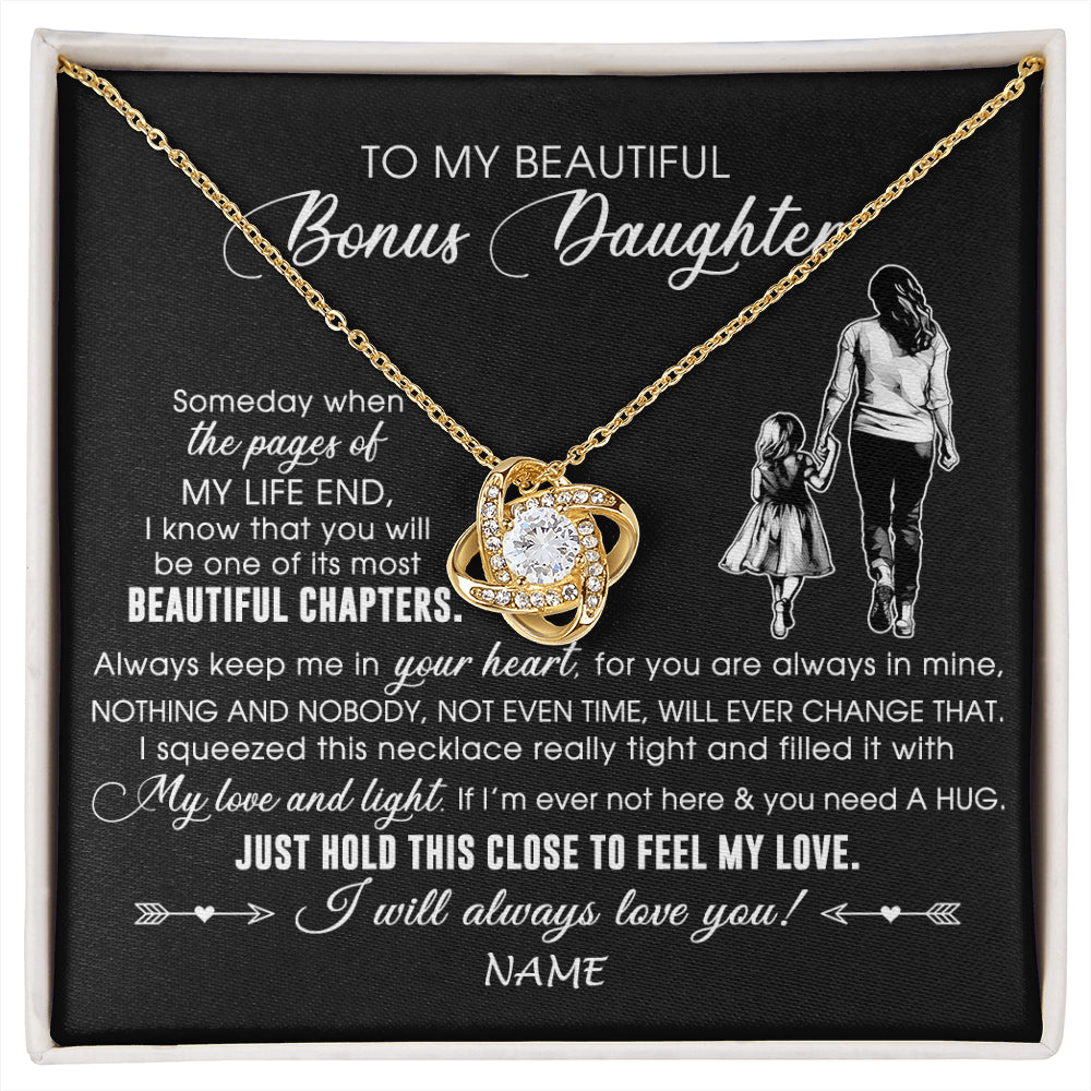 Love Knot Necklace 18K Yellow Gold Finish | 1 | Personalized To My Beautiful Bonus Daughter Necklace From Stepmom Always Love You Stepdaugher Birthday Graduation Christmas Customized Gift Box Message Card | siriusteestore