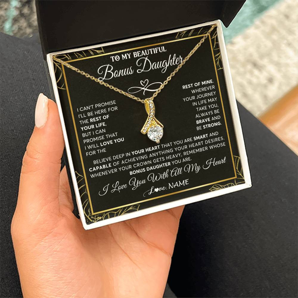 Alluring Beauty Necklace 18K Yellow Gold Finish | 2 | Personalized To My Beautiful Bonus Daughter Necklace From Stepmom Crown Jewelry Gifts For Stepdaughter Birthday Graduation Christmas Gift Box Message Card | siriusteestore
