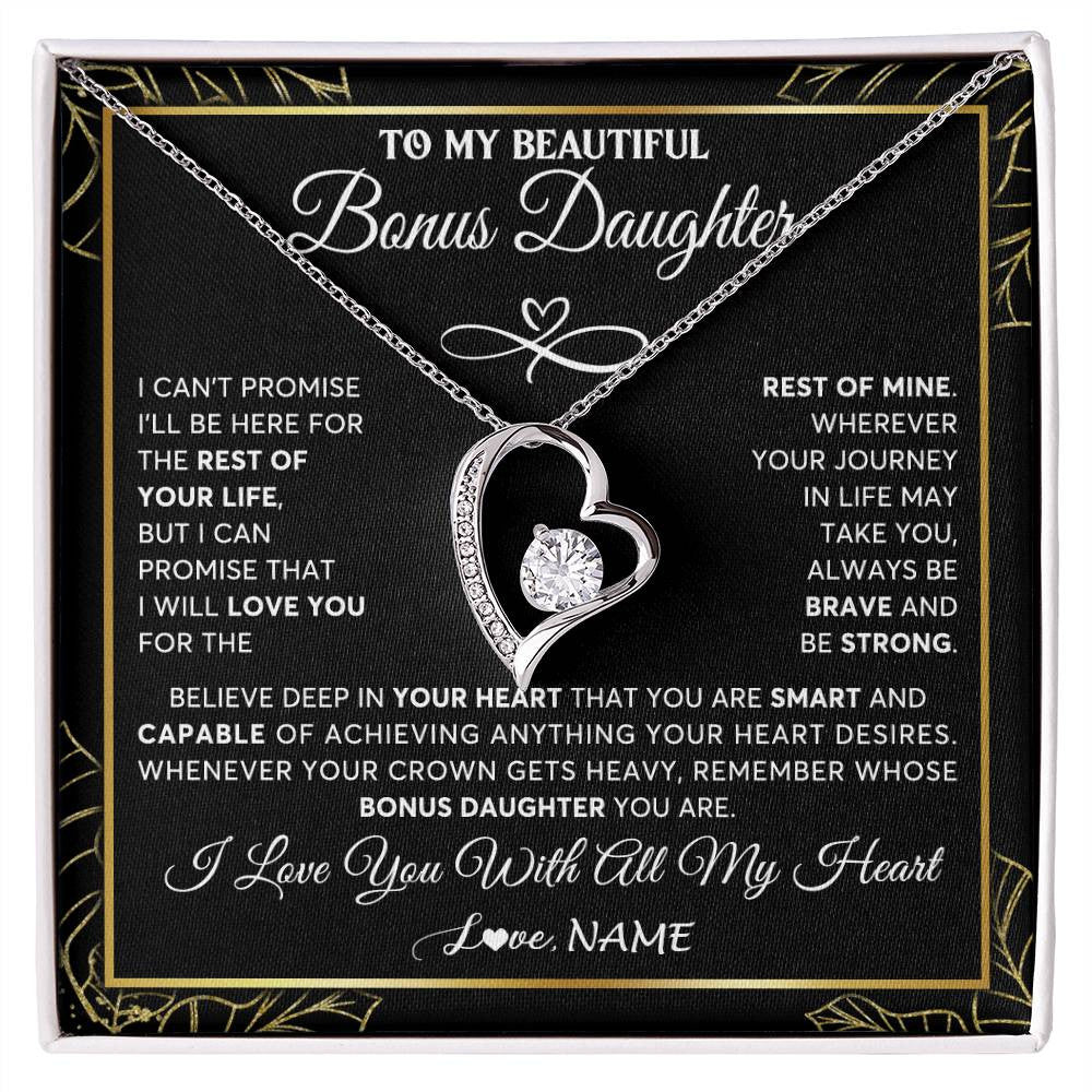 Forever Love Necklace 14K White Gold Finish | 1 | Personalized To My Beautiful Bonus Daughter Necklace From Stepmom Crown Jewelry Gifts For Stepdaughter Birthday Graduation Christmas Gift Box Message Card | siriusteestore