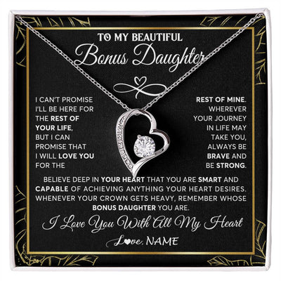 Forever Love Necklace 14K White Gold Finish | 1 | Personalized To My Beautiful Bonus Daughter Necklace From Stepmom Crown Jewelry Gifts For Stepdaughter Birthday Graduation Christmas Gift Box Message Card | siriusteestore