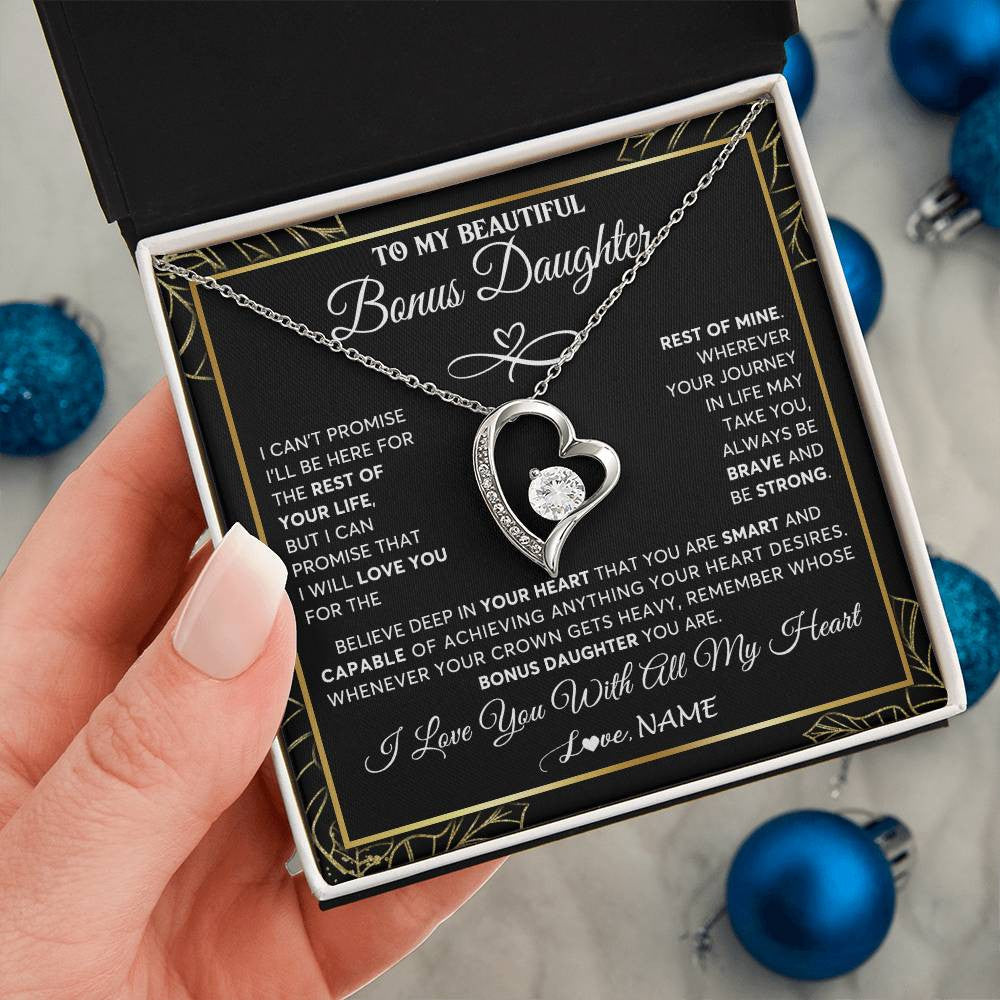 Forever Love Necklace 14K White Gold Finish | 2 | Personalized To My Beautiful Bonus Daughter Necklace From Stepmom Crown Jewelry Gifts For Stepdaughter Birthday Graduation Christmas Gift Box Message Card | siriusteestore