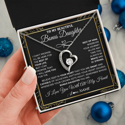 Forever Love Necklace 14K White Gold Finish | 2 | Personalized To My Beautiful Bonus Daughter Necklace From Stepmom Crown Jewelry Gifts For Stepdaughter Birthday Graduation Christmas Gift Box Message Card | siriusteestore