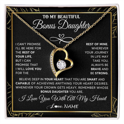 Forever Love Necklace 18K Yellow Gold Finish | 1 | Personalized To My Beautiful Bonus Daughter Necklace From Stepmom Crown Jewelry Gifts For Stepdaughter Birthday Graduation Christmas Gift Box Message Card | siriusteestore