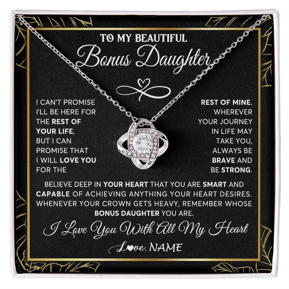 Love Knot Necklace 14K White Gold Finish | 1 | Personalized To My Beautiful Bonus Daughter Necklace From Stepmom Crown Jewelry Gifts For Stepdaughter Birthday Graduation Christmas Gift Box Message Card | siriusteestore