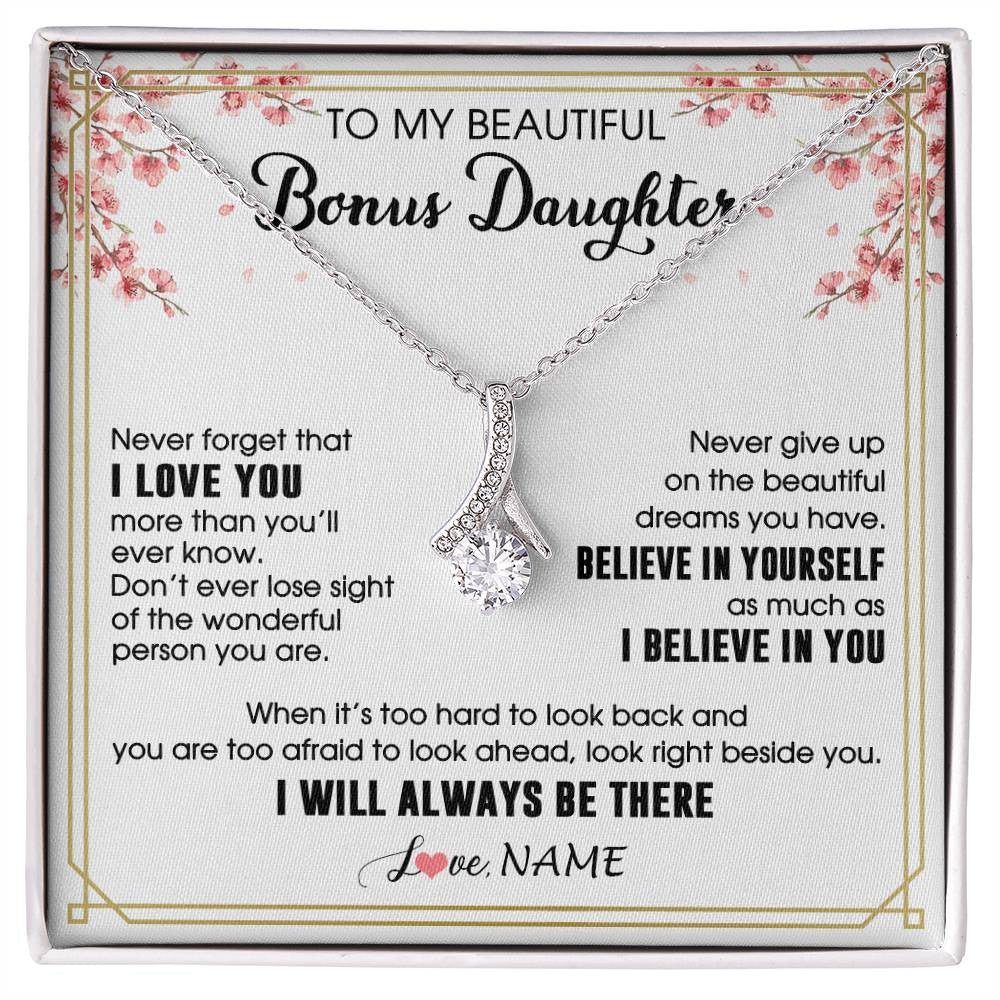 Alluring Beauty Necklace 14K White Gold Finish | 1 | Personalized To My Beautiful Bonus Daughter Necklace From Stepmom Dad I Love You Believe In You Birthday Gifts Christmas Customized Gift Box Message Card | siriusteestore