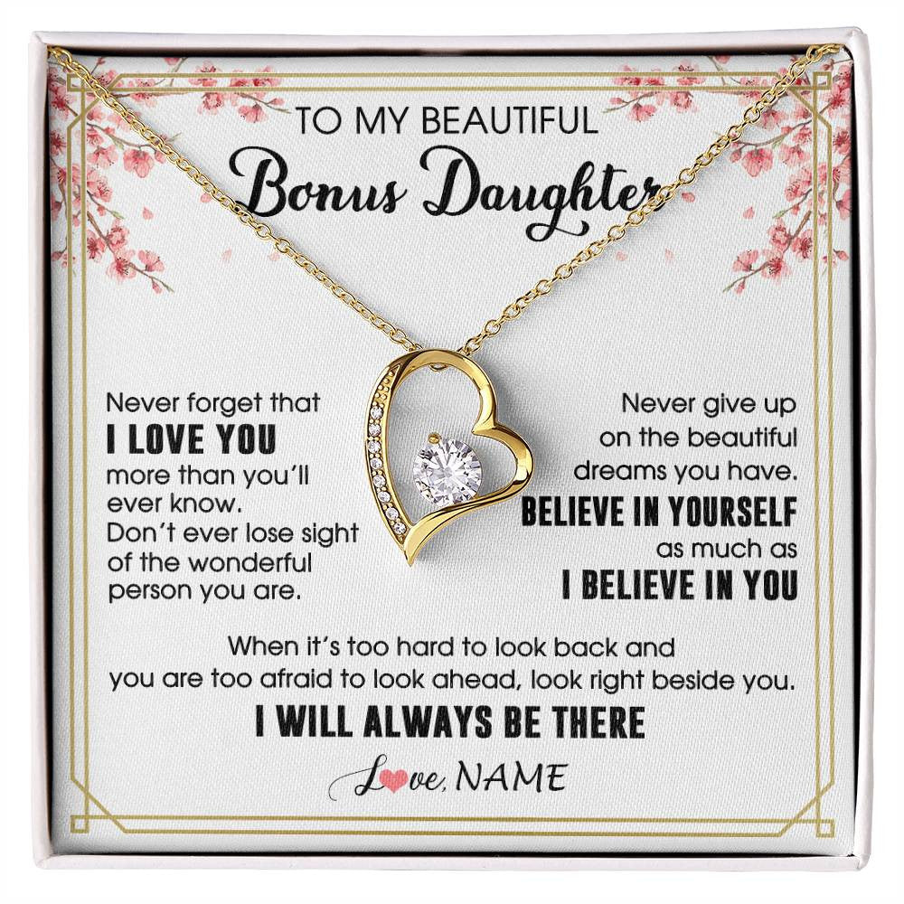 Forever Love Necklace 18K Yellow Gold Finish | 1 | Personalized To My Beautiful Bonus Daughter Necklace From Stepmom Dad I Love You Believe In You Birthday Gifts Christmas Customized Gift Box Message Card | siriusteestore