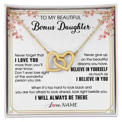 Interlocking Hearts Necklace 18K Yellow Gold Finish | 1 | Personalized To My Beautiful Bonus Daughter Necklace From Stepmom Dad I Love You Believe In You Birthday Gifts Christmas Customized Gift Box Message Card | siriusteestore