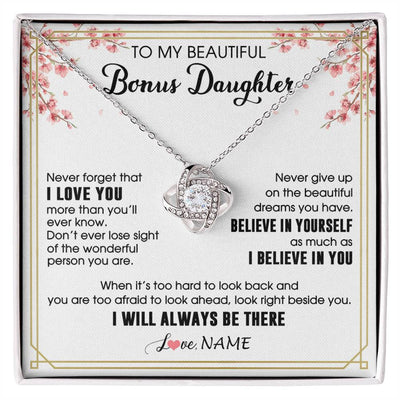 Love Knot Necklace 14K White Gold Finish | 1 | Personalized To My Beautiful Bonus Daughter Necklace From Stepmom Dad I Love You Believe In You Birthday Gifts Christmas Customized Gift Box Message Card | siriusteestore