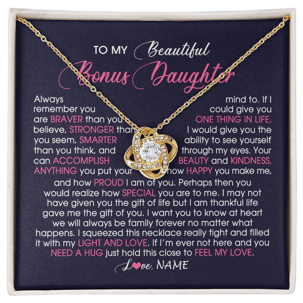 Love Knot Necklace 18K Yellow Gold Finish | Personalized To My Beautiful Bonus Daughter Necklace From Stepmom Feel My Love Stepdaughter Birthday Christmas Graduation Customized Gift Box Message Card | siriusteestore
