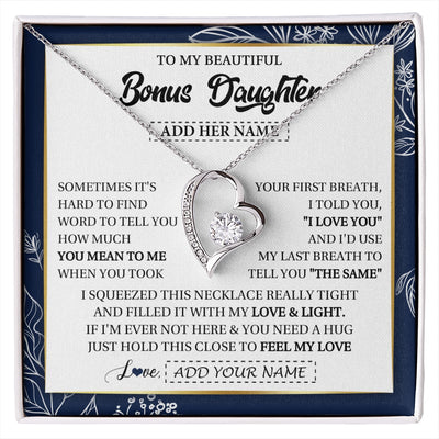 Forever Love Necklace 14K White Gold Finish | 1 | Personalized To My Beautiful Bonus Daughter Necklace From Stepmom Feel My Love Valentines Gifts For Stepdaughter Birthday Christmas Gift Box Message Card | https://siriusteestore.