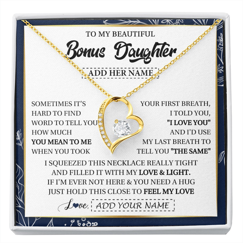 Forever Love Necklace 18K Yellow Gold Finish | 1 | Personalized To My Beautiful Bonus Daughter Necklace From Stepmom Feel My Love Valentines Gifts For Stepdaughter Birthday Christmas Gift Box Message Card | https://siriusteestore.
