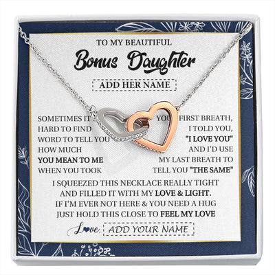 Interlocking Hearts Necklace Stainless Steel & Rose Gold Finish | 1 | Personalized To My Beautiful Bonus Daughter Necklace From Stepmom Feel My Love Valentines Gifts For Stepdaughter Birthday Christmas Gift Box Message Card | https://siriusteestore.