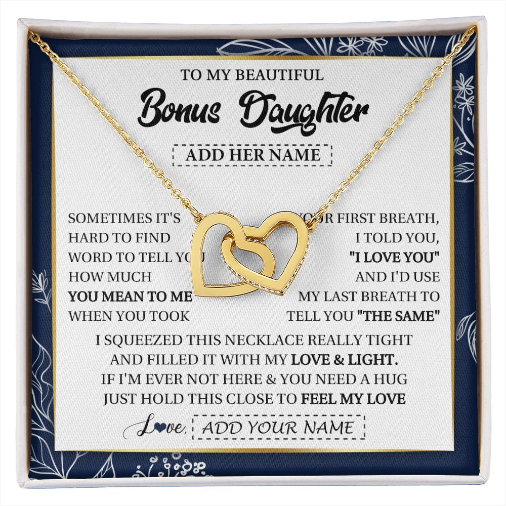 Interlocking Hearts Necklace 18K Yellow Gold Finish | 1 | Personalized To My Beautiful Bonus Daughter Necklace From Stepmom Feel My Love Valentines Gifts For Stepdaughter Birthday Christmas Gift Box Message Card | https://siriusteestore.