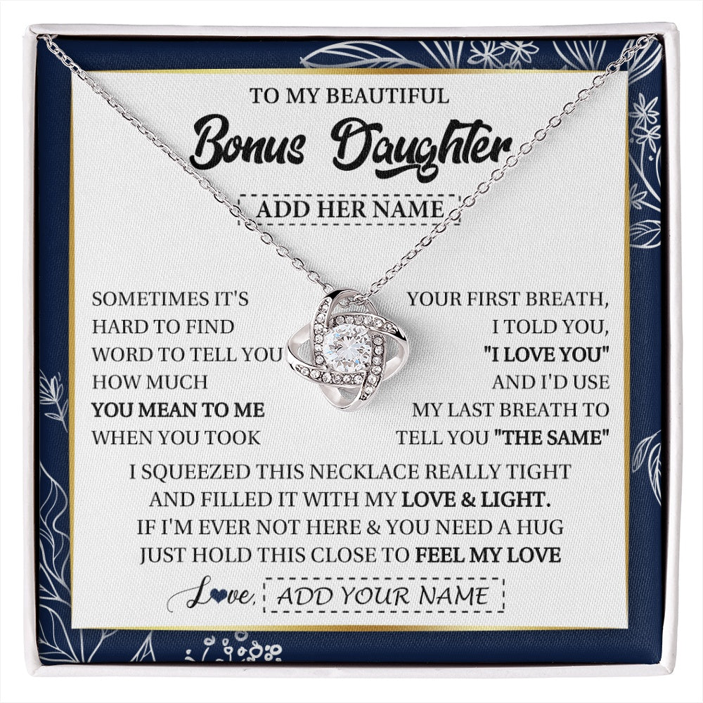 Love Knot Necklace 14K White Gold Finish | 1 | Personalized To My Beautiful Bonus Daughter Necklace From Stepmom Feel My Love Valentines Gifts For Stepdaughter Birthday Christmas Gift Box Message Card | https://siriusteestore.