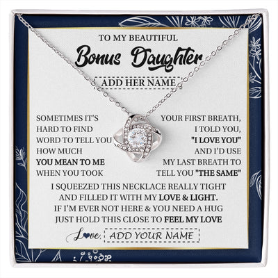 Love Knot Necklace 14K White Gold Finish | 1 | Personalized To My Beautiful Bonus Daughter Necklace From Stepmom Feel My Love Valentines Gifts For Stepdaughter Birthday Christmas Gift Box Message Card | https://siriusteestore.