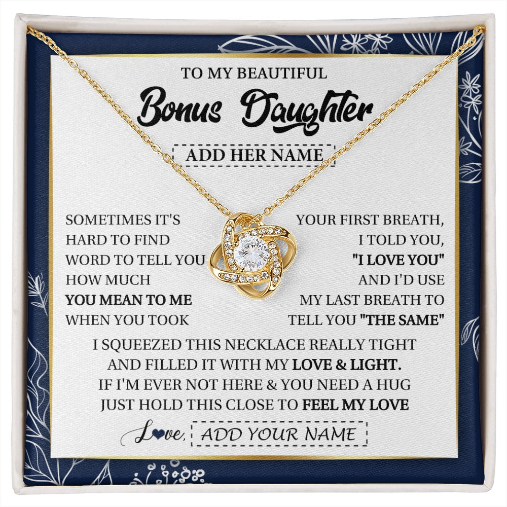 Love Knot Necklace 18K Yellow Gold Finish | 1 | Personalized To My Beautiful Bonus Daughter Necklace From Stepmom Feel My Love Valentines Gifts For Stepdaughter Birthday Christmas Gift Box Message Card | https://siriusteestore.