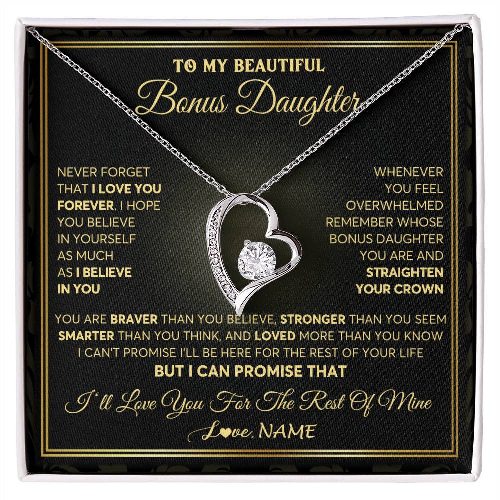 Forever Love Necklace 14K White Gold Finish | 1 | Personalized To My Beautiful Bonus Daughter Necklace From Stepmom I Love You Jewelry Gifts For Stepdaughter Birthday Graduation Christmas Gift Box Message Card | siriusteestore