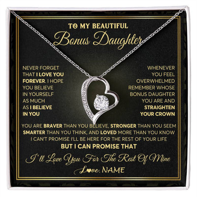 Forever Love Necklace 14K White Gold Finish | 1 | Personalized To My Beautiful Bonus Daughter Necklace From Stepmom I Love You Jewelry Gifts For Stepdaughter Birthday Graduation Christmas Gift Box Message Card | siriusteestore