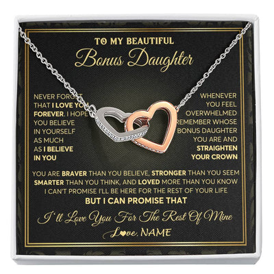 Interlocking Hearts Necklace Stainless Steel & Rose Gold Finish | 1 | Personalized To My Beautiful Bonus Daughter Necklace From Stepmom I Love You Jewelry Gifts For Stepdaughter Birthday Graduation Christmas Gift Box Message Card | siriusteestore