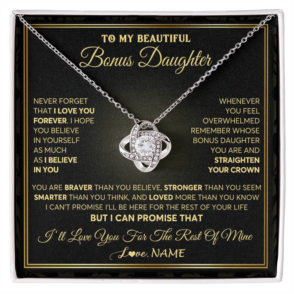Love Knot Necklace 14K White Gold Finish | 1 | Personalized To My Beautiful Bonus Daughter Necklace From Stepmom I Love You Jewelry Gifts For Stepdaughter Birthday Graduation Christmas Gift Box Message Card | siriusteestore