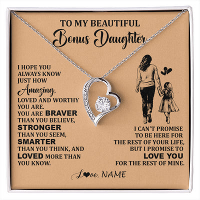 Forever Love Necklace 14K White Gold Finish | 1 | Personalized To My Beautiful Bonus Daughter Necklace From Stepmom Promise To Love You Stepddaughter Birthday Jewelry Christmas Customized Gift Box Message Card | siriusteestore