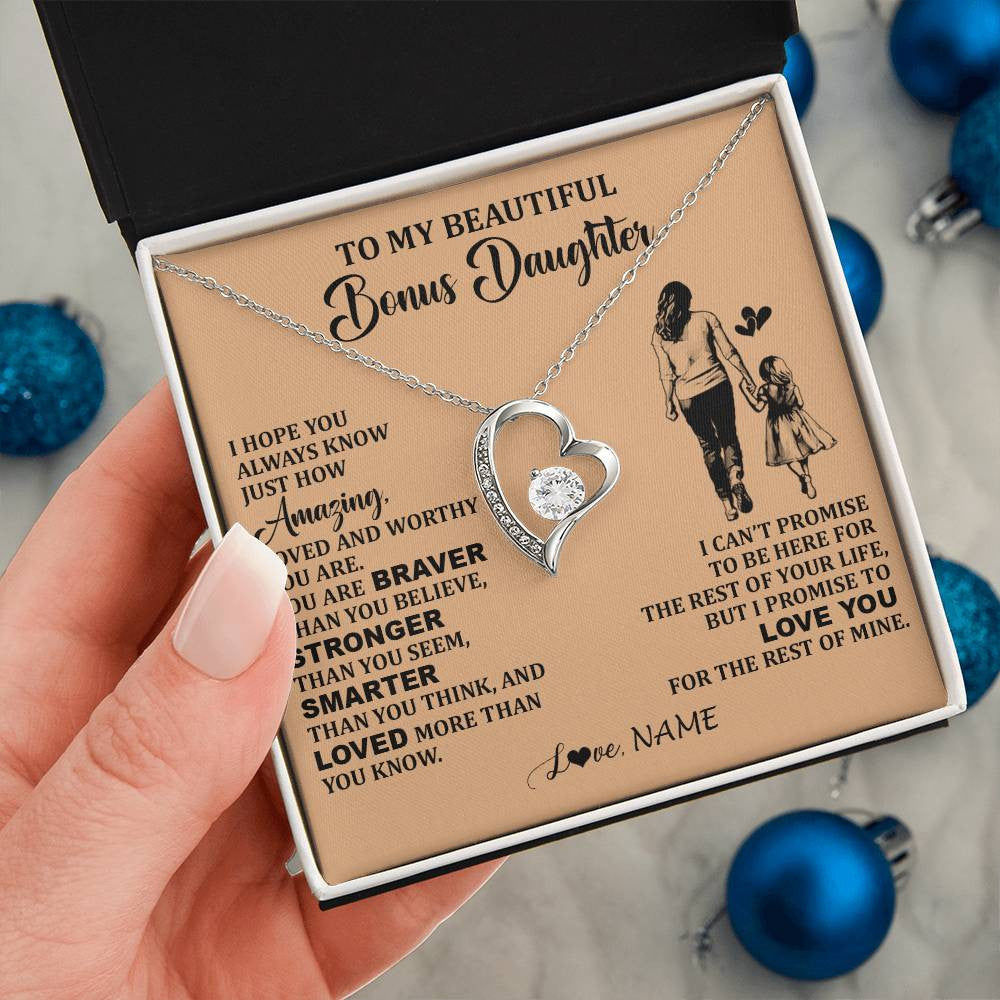 Forever Love Necklace 14K White Gold Finish | 2 | Personalized To My Beautiful Bonus Daughter Necklace From Stepmom Promise To Love You Stepddaughter Birthday Jewelry Christmas Customized Gift Box Message Card | siriusteestore