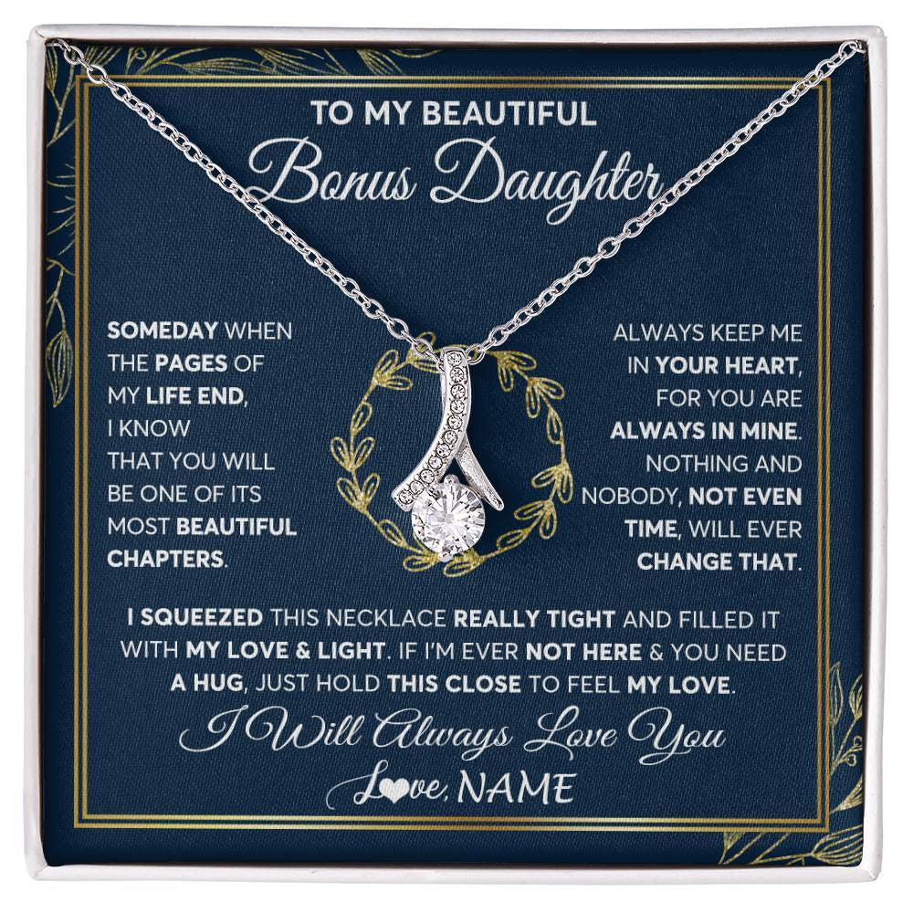 Alluring Beauty Necklace 14K White Gold Finish | Personalized To My Beautiful Bonus Daughter Necklace From Stepmom Someday Stepdaughter Birthday Christmas Jewelry Charm Customized Gift Box Message Card | siriusteestore