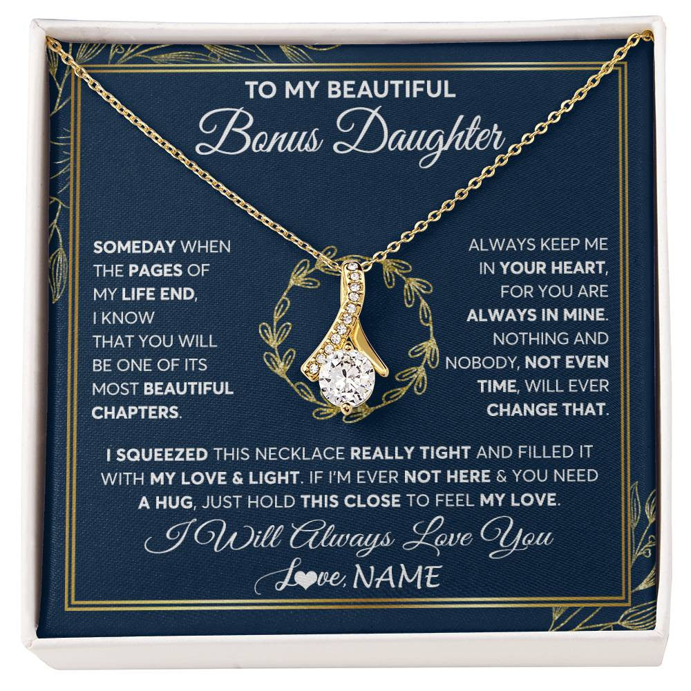 Alluring Beauty Necklace 18K Yellow Gold Finish | Personalized To My Beautiful Bonus Daughter Necklace From Stepmom Someday Stepdaughter Birthday Christmas Jewelry Charm Customized Gift Box Message Card | siriusteestore